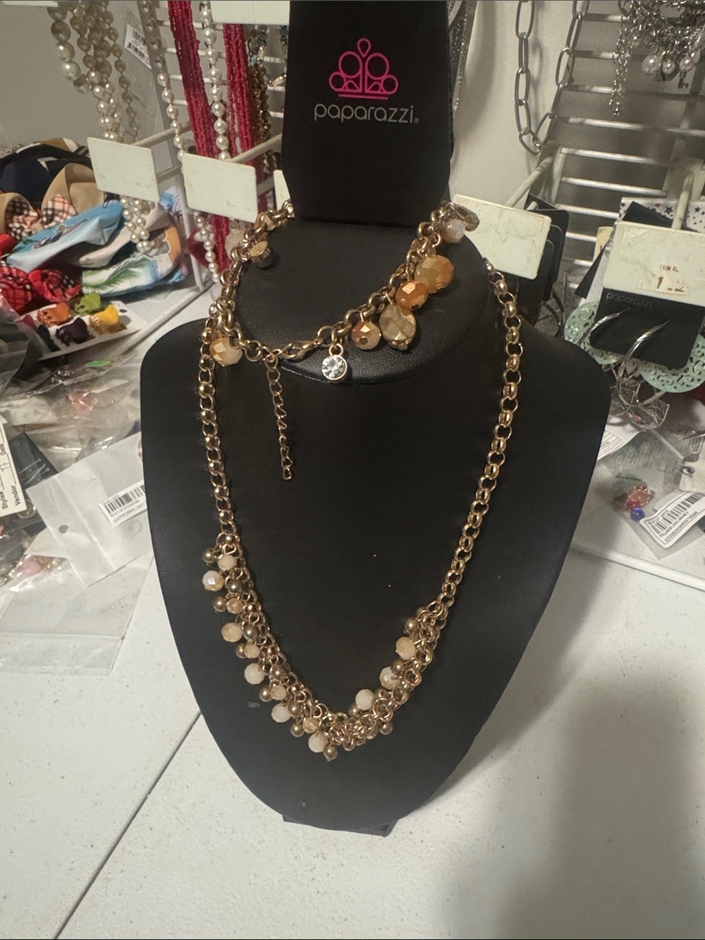 Paparazzi Gold-Tone Layered Peach and Cream Beaded Necklace Set